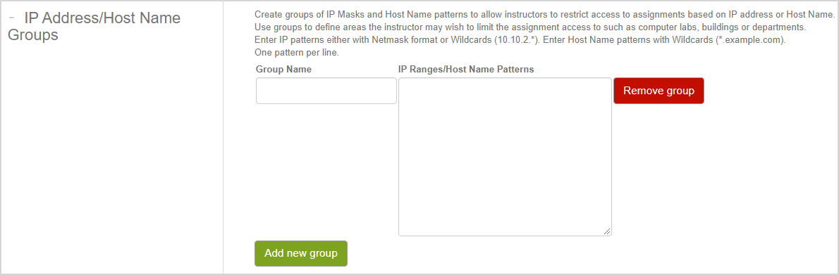 Fields relating to groups of IP masks and host names.